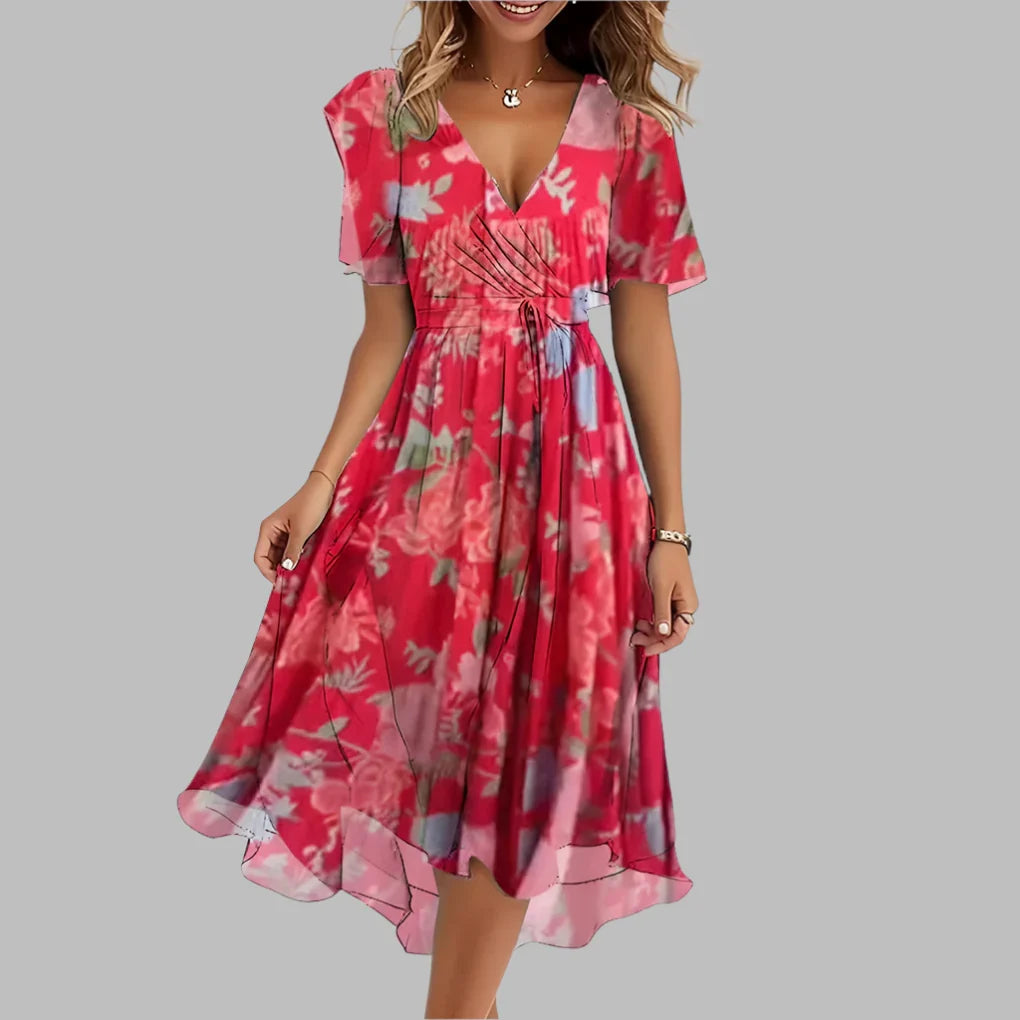 Chic women's floral midi dress, ruched & elegant. Puff sleeves, sweetheart neckline. Great for spring/summer wear.