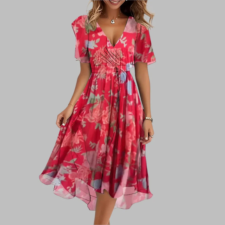 Chic women's floral midi dress, ruched & elegant. Puff sleeves, sweetheart neckline. Great for spring/summer wear.