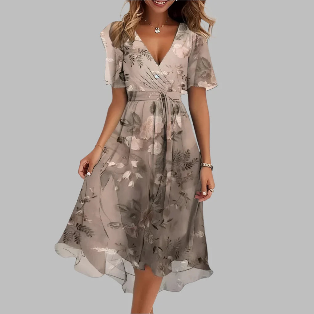 Beautiful floral ruched midi dress with puff sleeves and sweetheart neckline, perfect for elegant women's occasion wear.