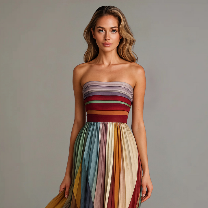 Comfortable multicolor strapless pleated maxi dress for women, ideal for casual or elegant summer outings.