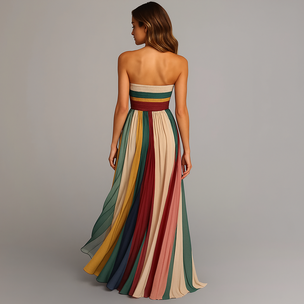 Stylish strapless pleated maxi dress, designed for women seeking elegant comfort and a flowing summer silhouette.