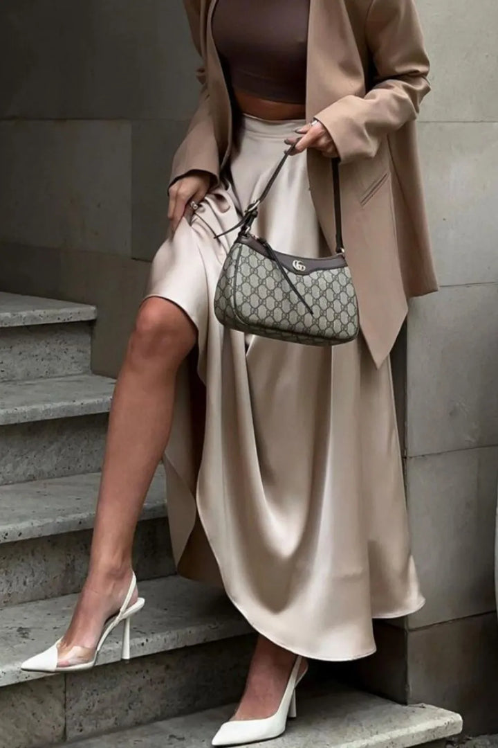 Khaki elegant flowy maxi skirt for women, a versatile long skirt perfect for office or casual chic.