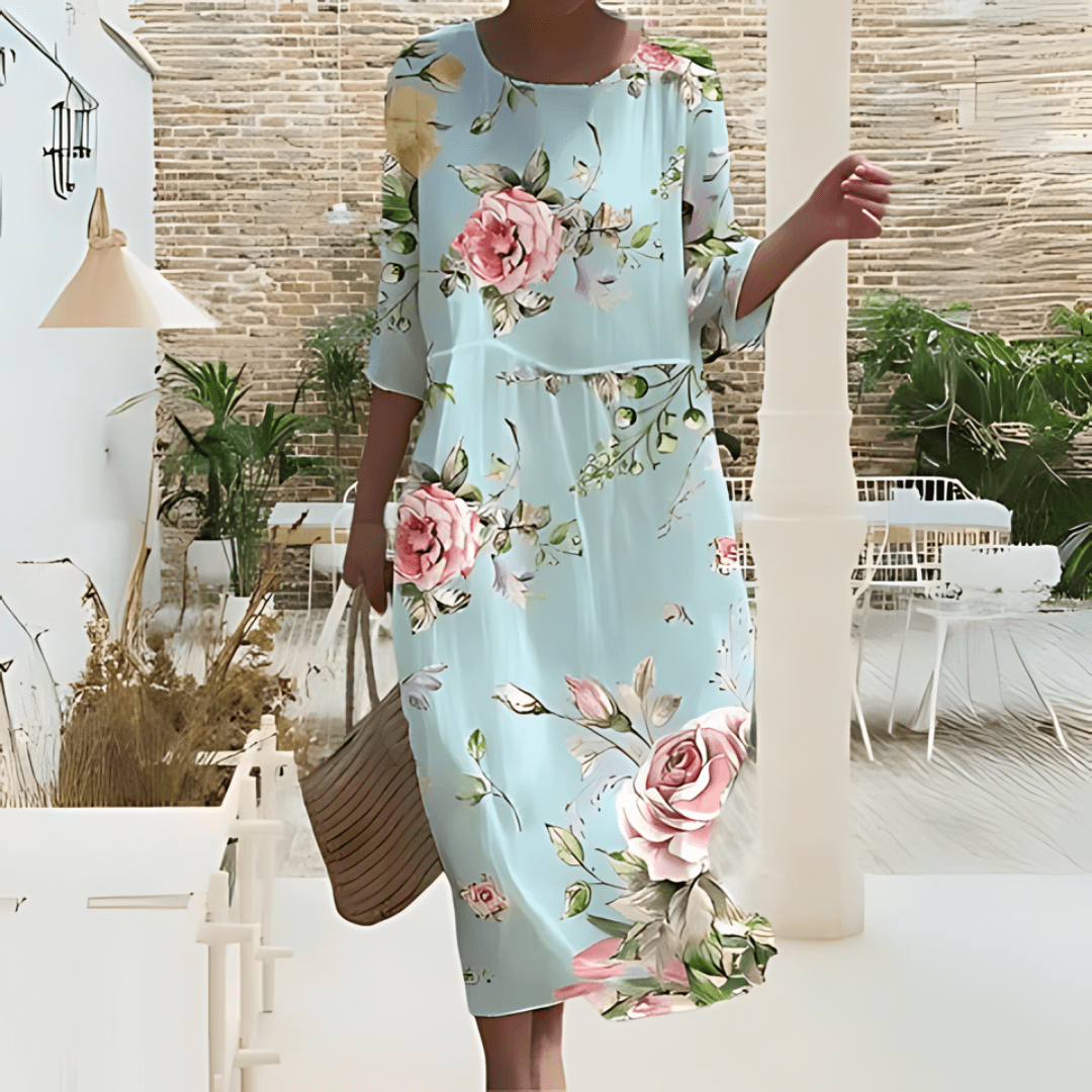 Elegant flowy midi dress for women, perfect for effortless summer style & comfort.