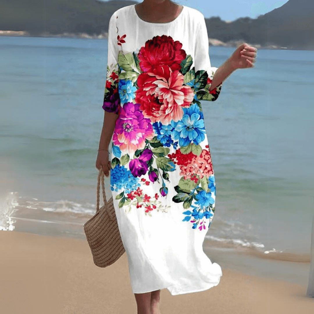 Stylish A-line midi dress for women, offering a comfortable and flowy elegant look for summer days.