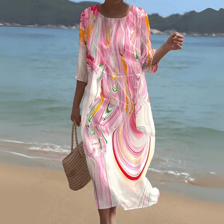 Sophisticated women's flowy midi dress, perfect as a comfortable and elegant A-line summer dress.