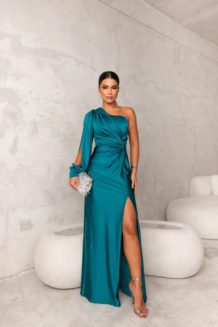 Elegant formal wedding guest maxi dress for women, one-shoulder style, floor-length.