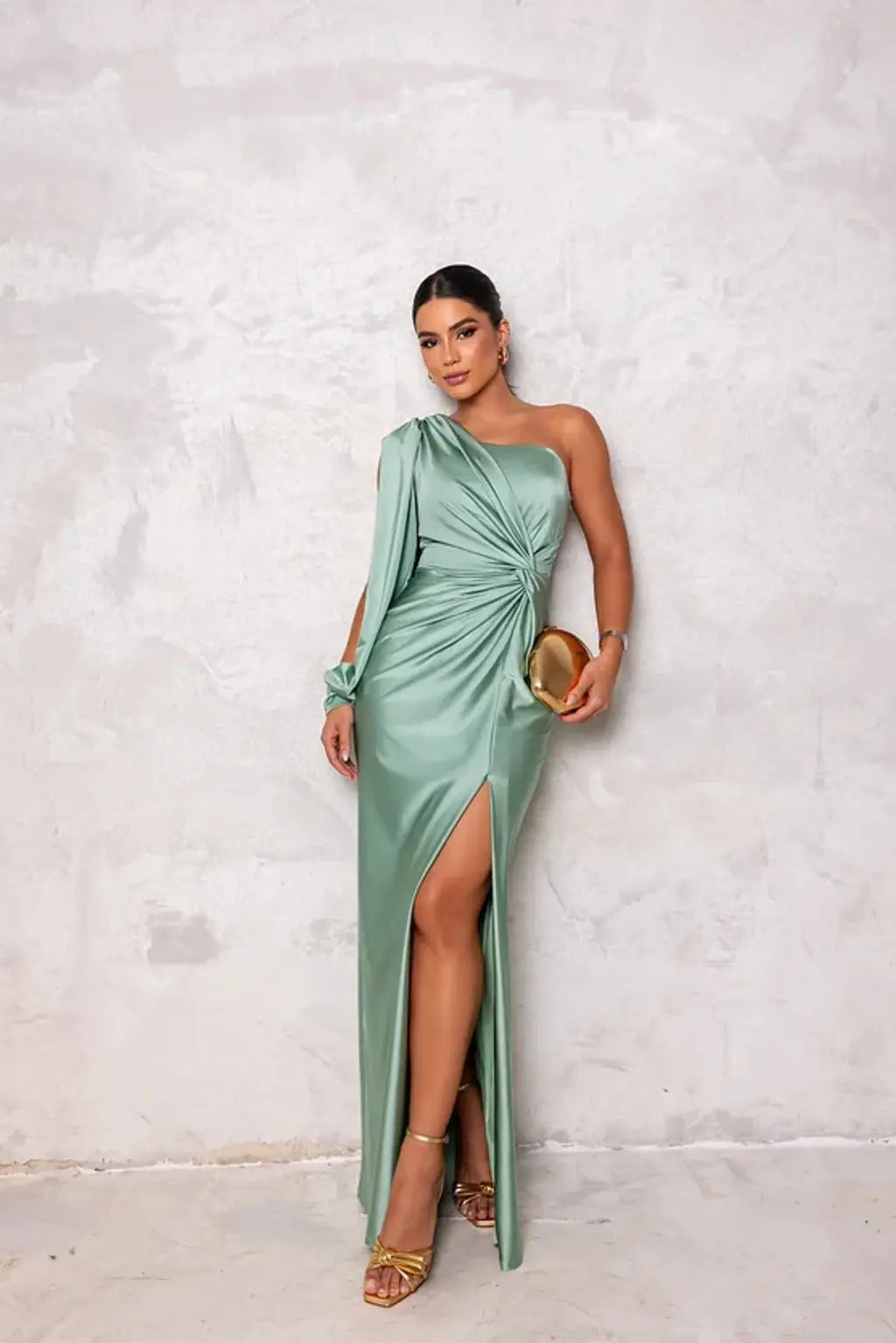 Floor-length elegant maxi dress, women's one-shoulder formal wedding guest attire.