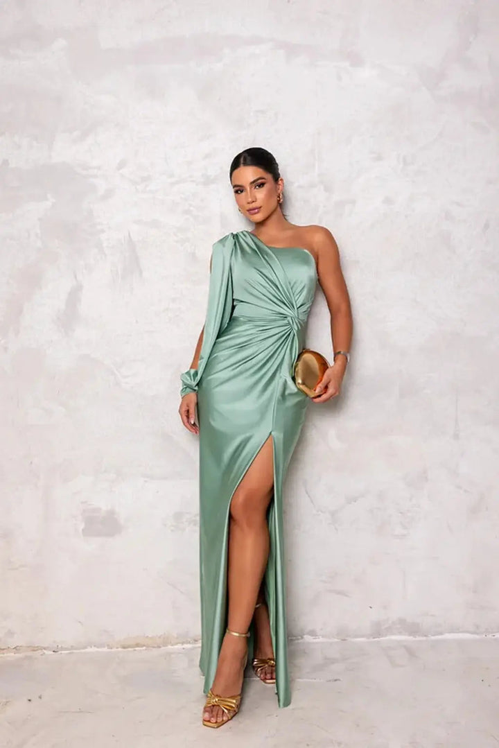 Floor-length elegant maxi dress, women's one-shoulder formal wedding guest attire.