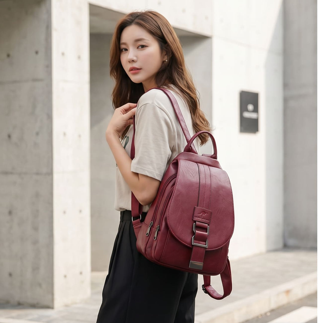 Premium water-resistant leather backpack for women, ideal for daily carry.