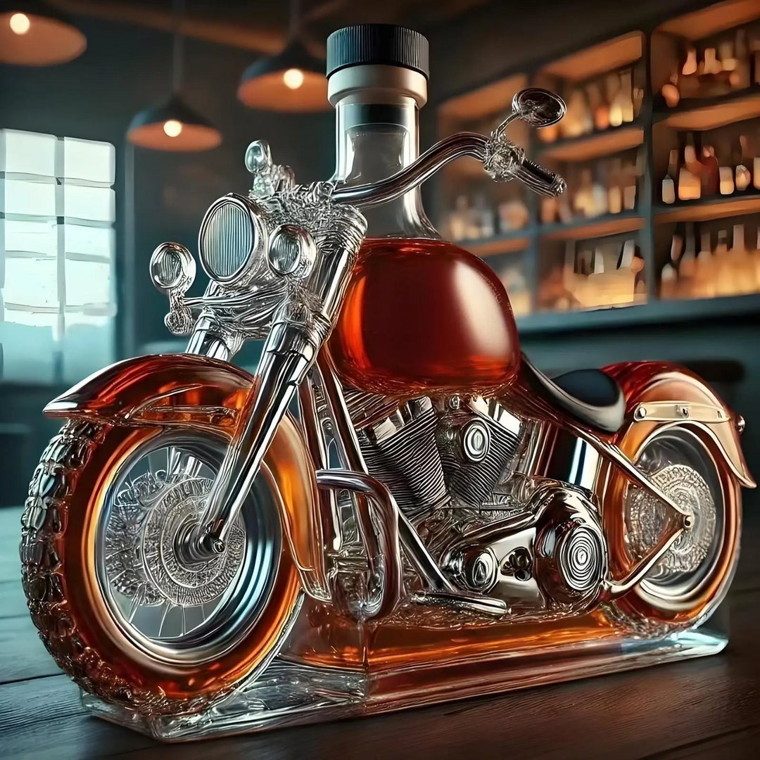 Elegant glass motorcycle whiskey decanter, perfect for spirits & home bar decor. Unique men's gift.