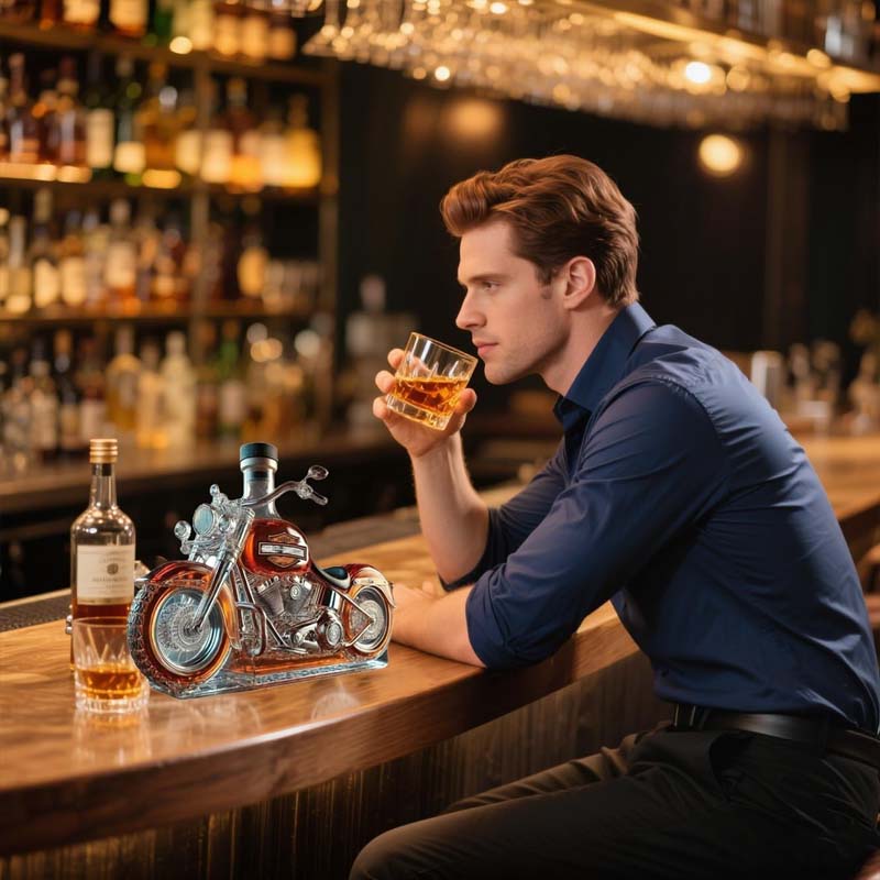 Unique motorcycle whiskey decanter, a perfect gift for men who love bikes & fine spirits. Collectible glassware.
