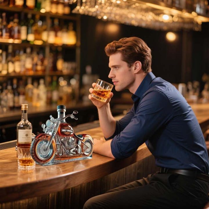 Unique motorcycle whiskey decanter, a perfect gift for men who love bikes & fine spirits. Collectible glassware.