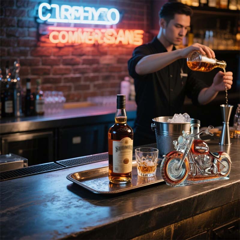 Clear glass motorcycle decanter for whiskey & spirits, enhancing your bar collection & serving experience.