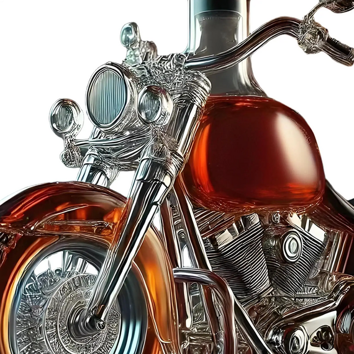 Premium glass motorcycle whiskey decanter, a sophisticated collectible bar accessory & unique gift for spirit lovers.