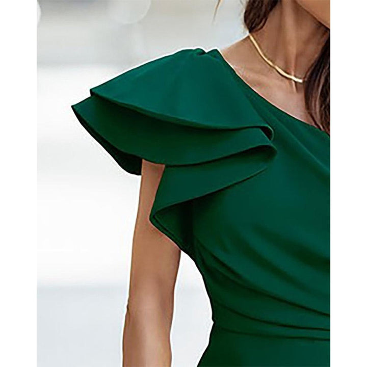 Women's elegant green one-shoulder midi dress, ideal for special occasions, formal events, and party wear with ruffle.
