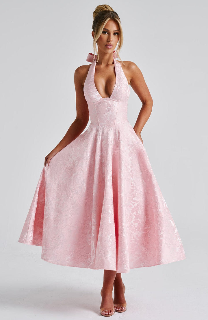 Elegant Halter Midi Dress for women, perfect wedding guest or special occasion attire.