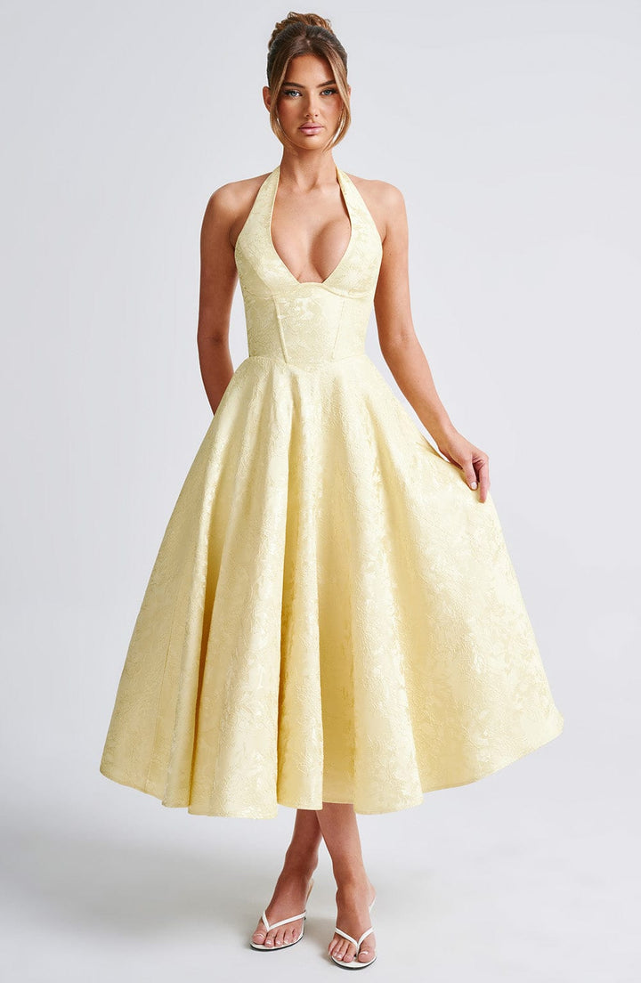 Timeless White Halter Midi Dress, sophisticated formal wear for elegant women.