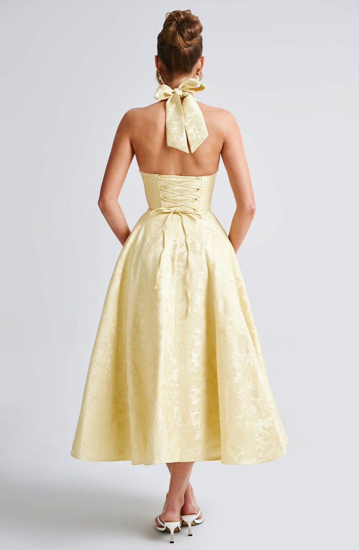 Stylish Yellow Halter Midi Dress, perfect for summer parties, events & special occasions.