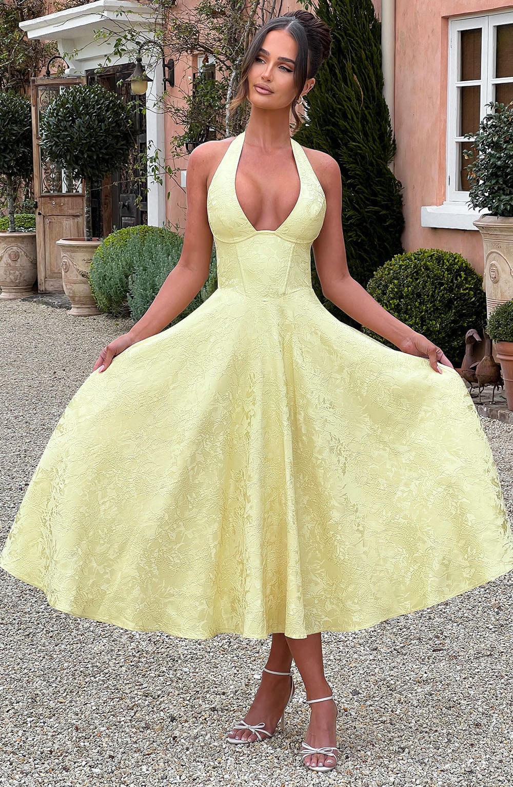 Classic White Halter Midi Dress, versatile for weddings, parties, or summer elegant events.