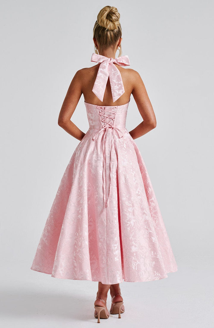Sophisticated White Halter Midi Dress, formal women's wear for elegant occasions.