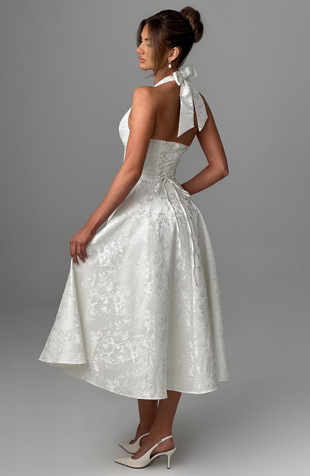 Sleeveless Women's Halter Midi Dress, elegant and comfortable for any formal event.