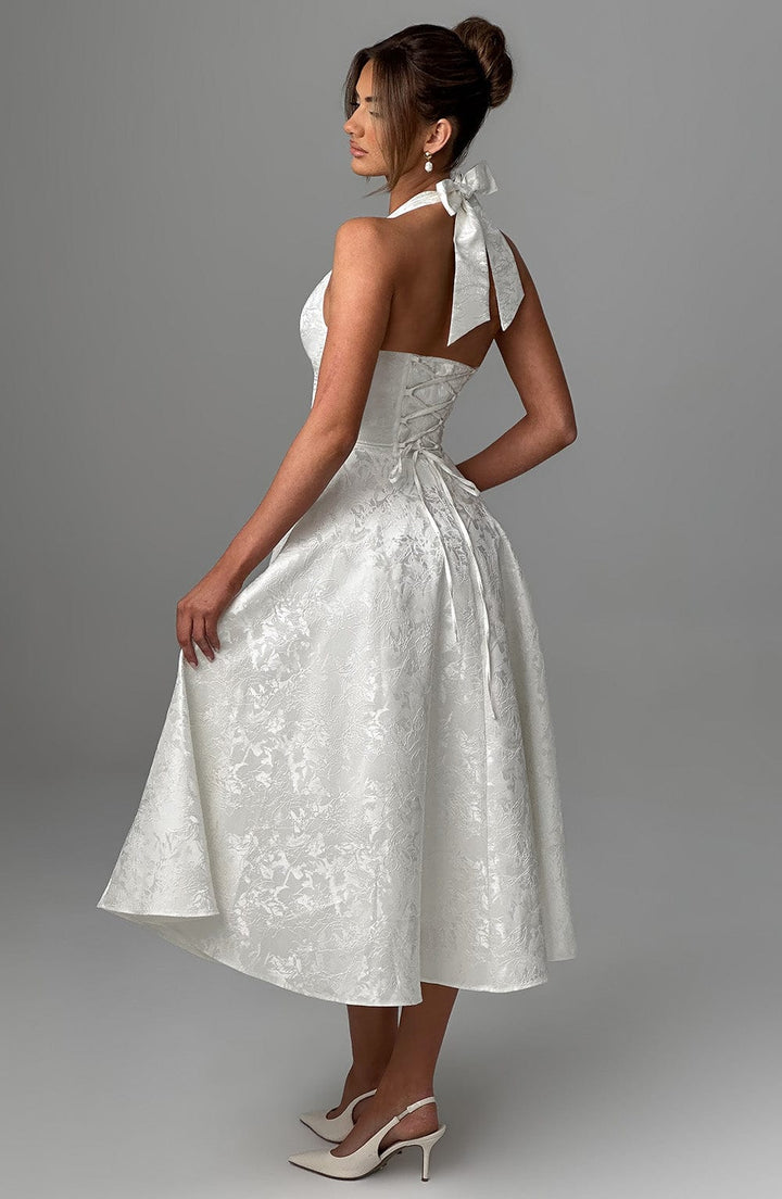 Sleeveless Women's Halter Midi Dress, elegant and comfortable for any formal event.