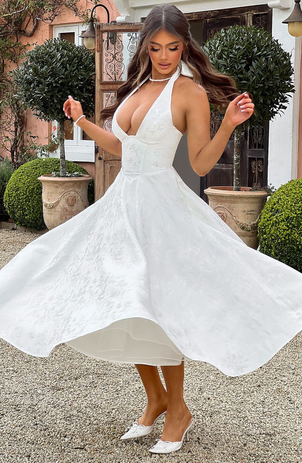 Women's Elegant Halter Midi Dress, ideal for wedding guests, parties, or formal events.