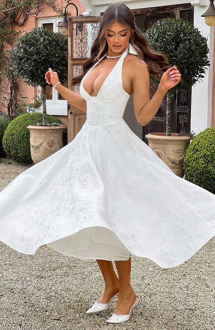 Women's Elegant Halter Midi Dress, ideal for wedding guests, parties, or formal events.