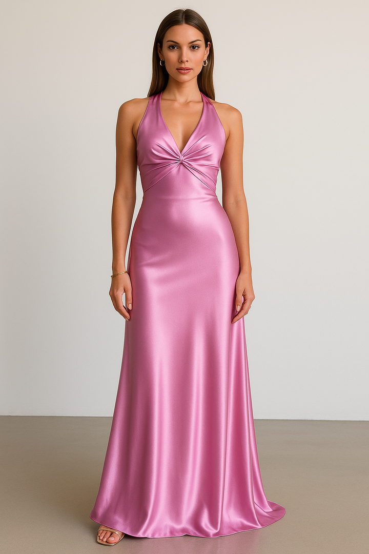 Stunning women's halter prom maxi gown with an elegant twist front & open back, perfect for special events.