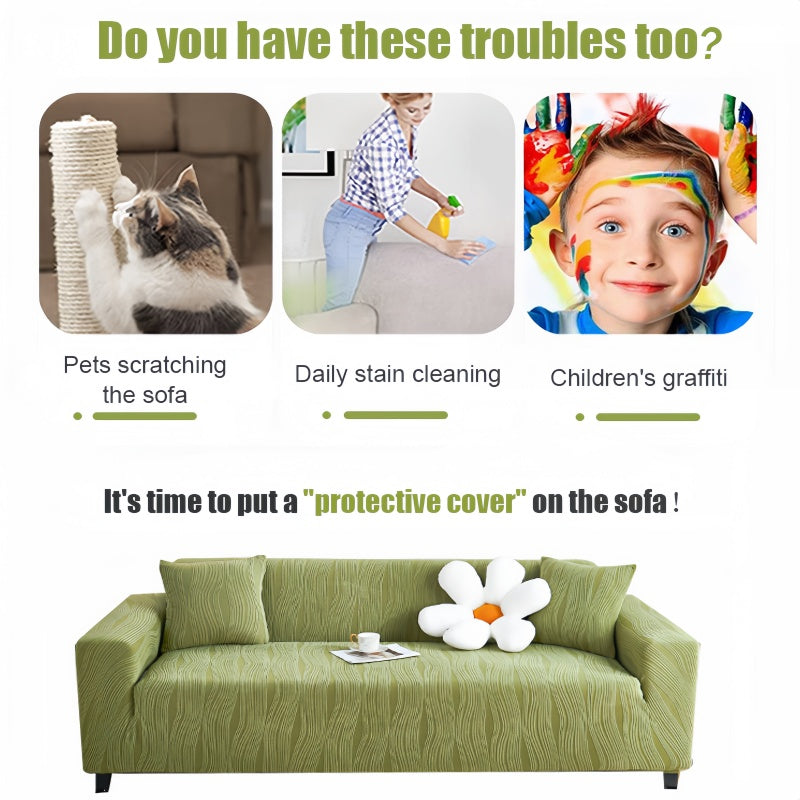 Elegant jacquard sofa cover with velvet texture, anti-scratch, stretchable and pet-friendly, ideal for stylish protection.