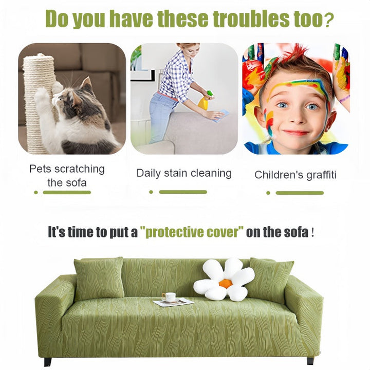 Elegant jacquard sofa cover with velvet texture, anti-scratch, stretchable and pet-friendly, ideal for stylish protection.