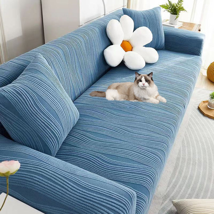 Elegant jacquard sofa cover with velvet texture, anti-scratch, stretchable and pet-friendly, ideal for stylish protection.