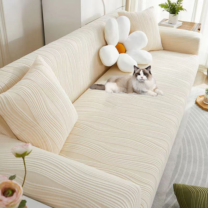 Elegant jacquard sofa cover with velvet texture, anti-scratch, stretchable and pet-friendly, ideal for stylish protection.