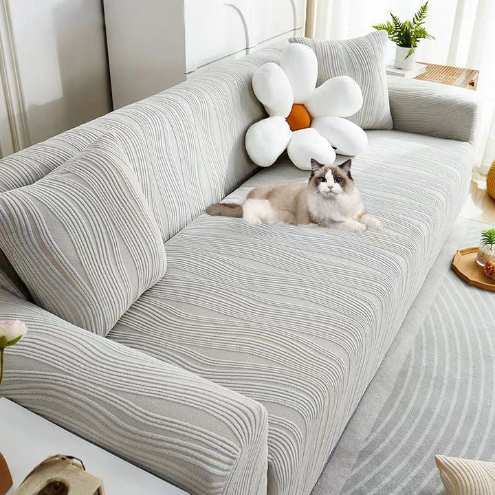 Elegant jacquard sofa cover with velvet texture, anti-scratch, stretchable and pet-friendly, ideal for stylish protection.