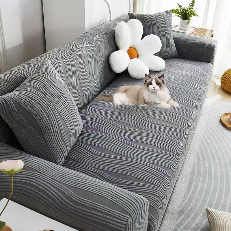 Elegant jacquard sofa cover with velvet texture, anti-scratch, stretchable and pet-friendly, ideal for stylish protection.
