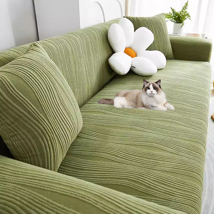Elegant jacquard sofa cover with velvet texture, anti-scratch, stretchable and pet-friendly, ideal for stylish protection.