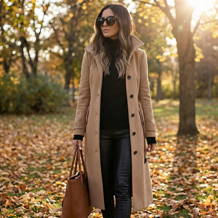 Elegant khaki women's double-breasted trench coat with tailored fit, perfect for warm winter fashion & sophisticated style.