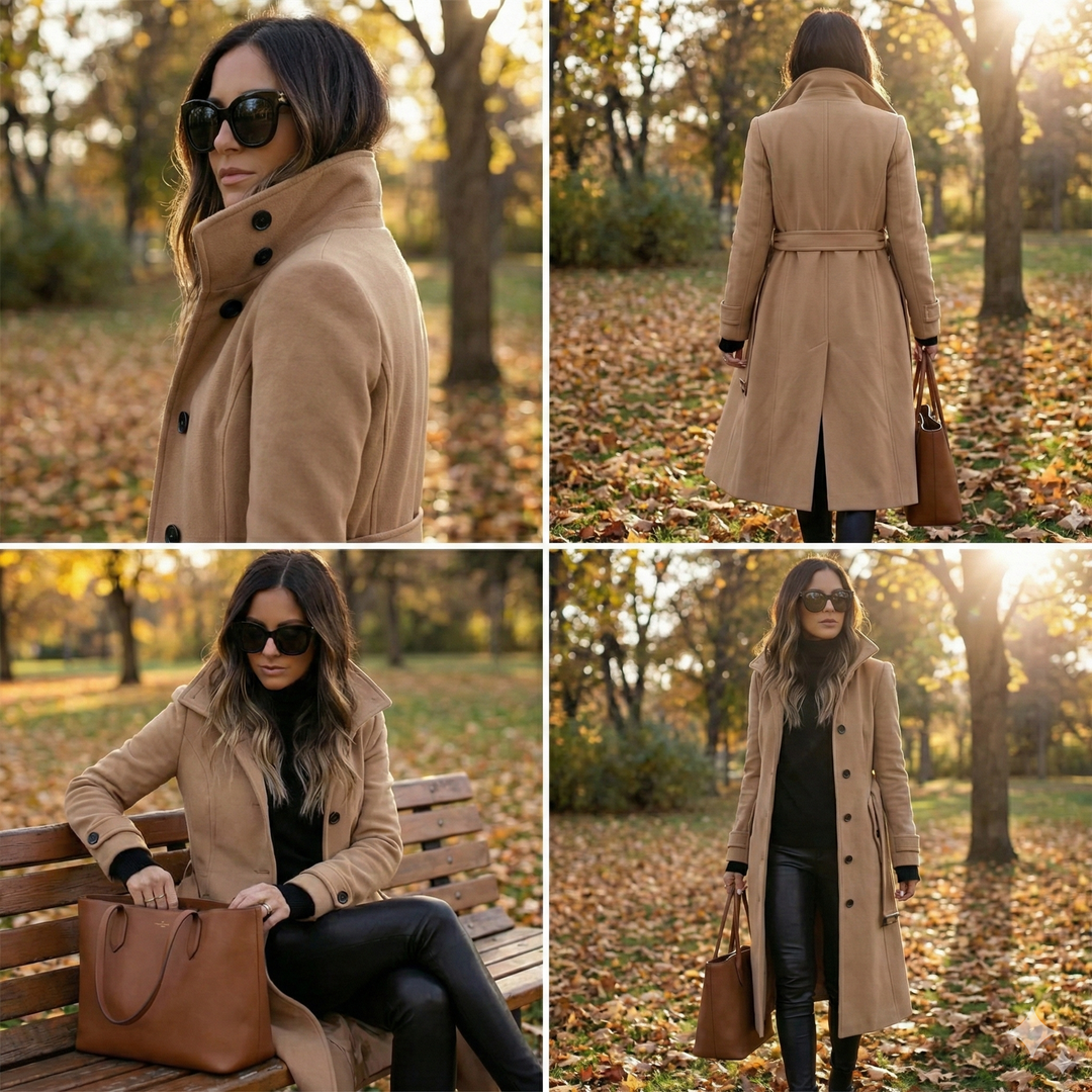 Warm dark grey women's long trench coat, double-breasted and tailored for elegant winter outerwear fashion.