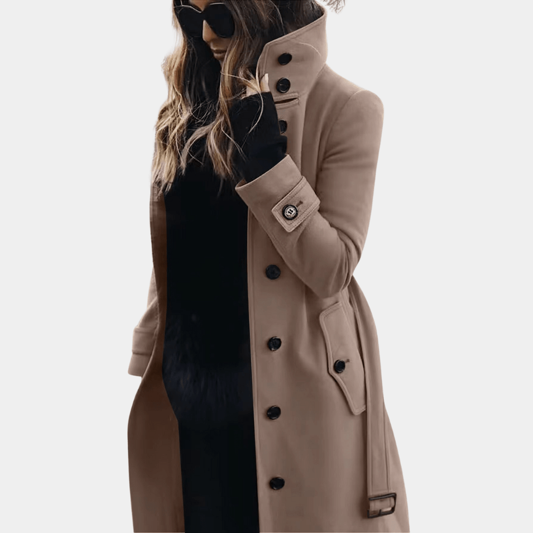 Classic black women's warm trench coat, double-breasted, tailored fit for elegant winter fashion & outerwear.