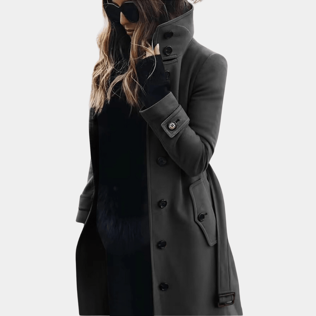 Women's elegant warm trench coat, long double-breasted with tailored fit, ideal for sophisticated winter outerwear.