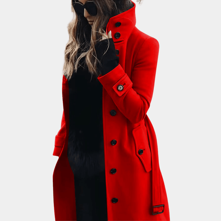 Long women's warm trench coat in khaki, double-breasted with a tailored fit, a chic piece for winter fashion.