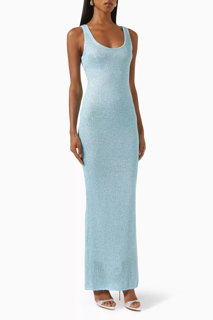 Elegant light blue sequin maxi dress for women, perfect for formal events & evening parties. Glamorous long gown.