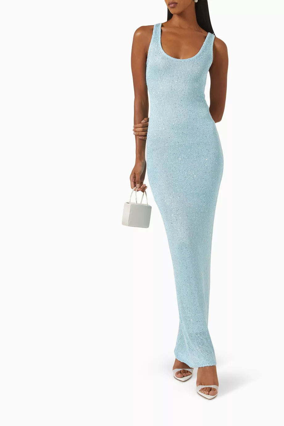 Shimmering light blue sequin women's maxi dress. Ideal special occasion or party dress with elegant long silhouette.