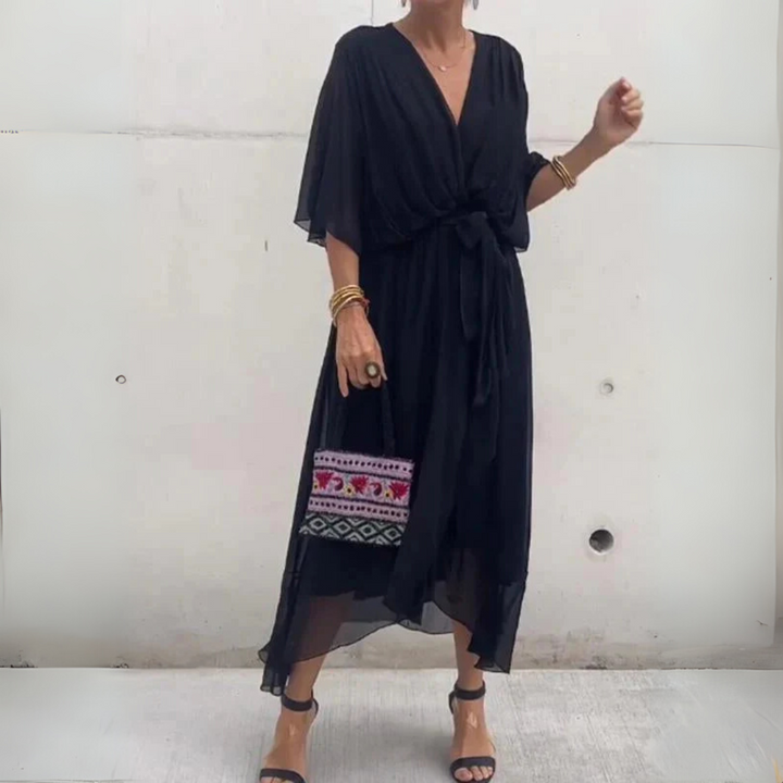 Chic casual women's wrap dress. Lightweight & comfortable, perfect for summer brunches or office. Adjustable V-neck design.