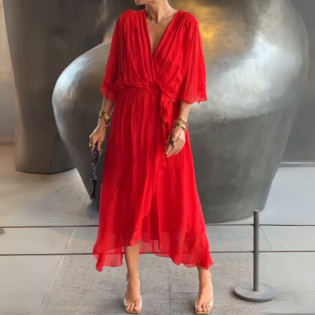 Women's elegant V-neck wrap dress. Lightweight midi style, adjustable fit for summer. Versatile fashion, day to night wear.