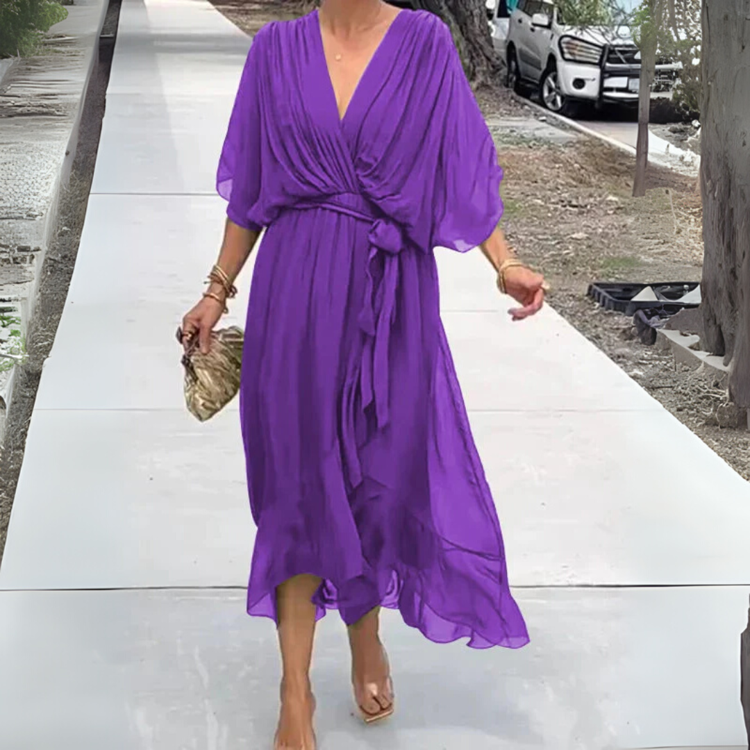 Versatile women's elegant wrap dress with adjustable fit. Lightweight & chic, ideal for summer. Flattering V-neck midi.
