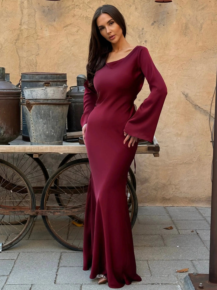 Sophisticated long sleeve maxi dress for women, ideal wedding guest or formal special occasion attire.