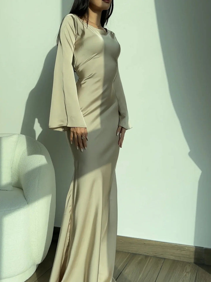 Burgundy long sleeve maxi dress, a flattering women's formal gown for special occasions & evening events.