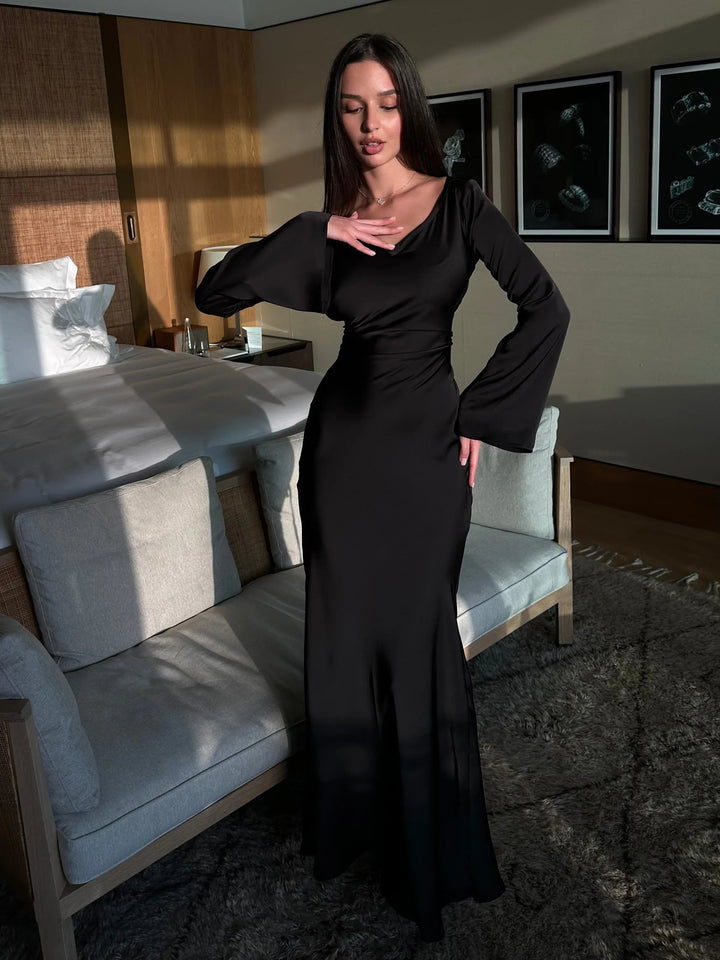 Timeless & elegant long sleeve maxi dress with a flattering fit for women's special occasions & formal events.