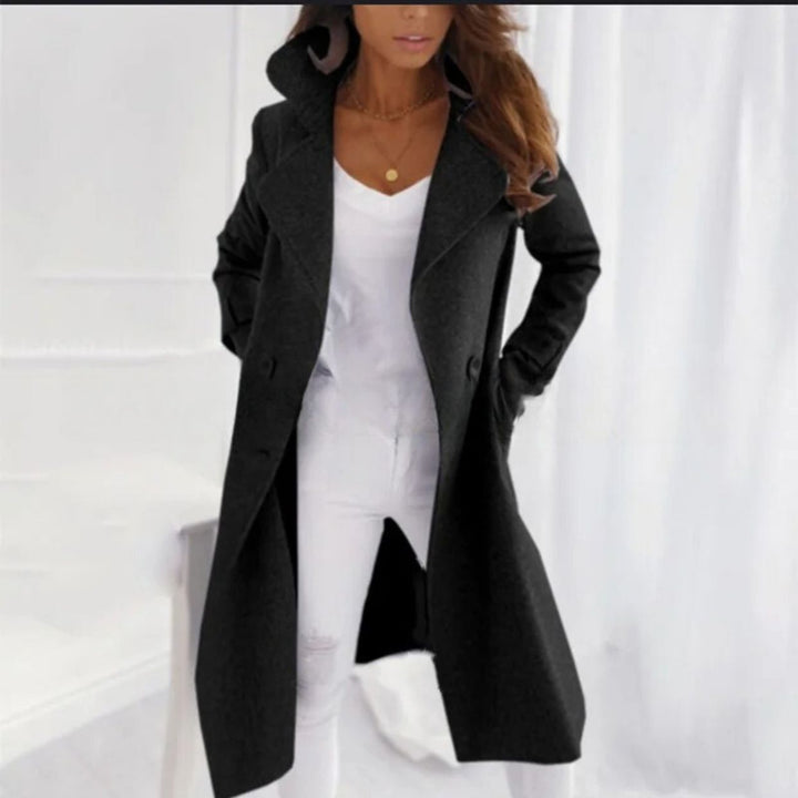 Stylish Valentina long women's coat, featuring a classic turned-down collar and elegant design for outerwear.